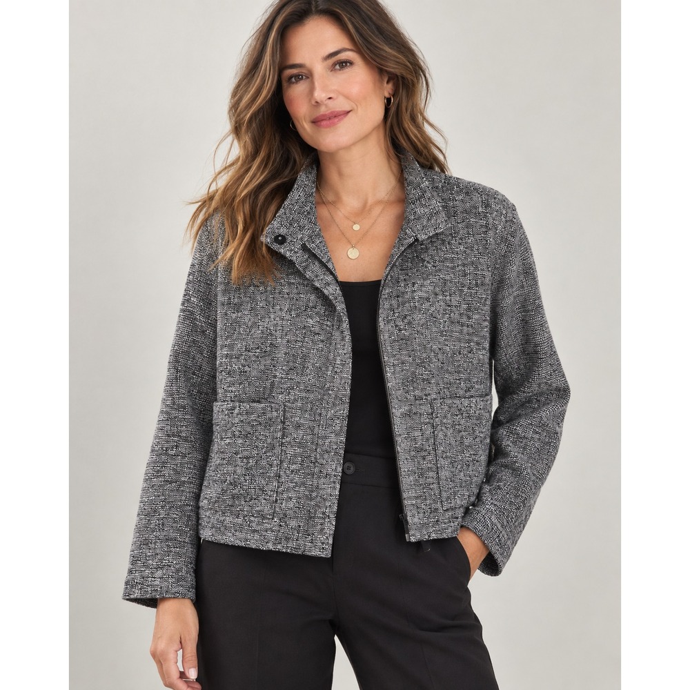 Eileen Fisher Organic Cotton Tweed Jacket Womens S Black White Zip Front Modern